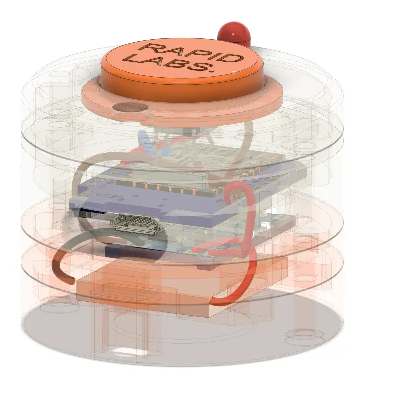 See-through render of the stacked casing around the electronics.