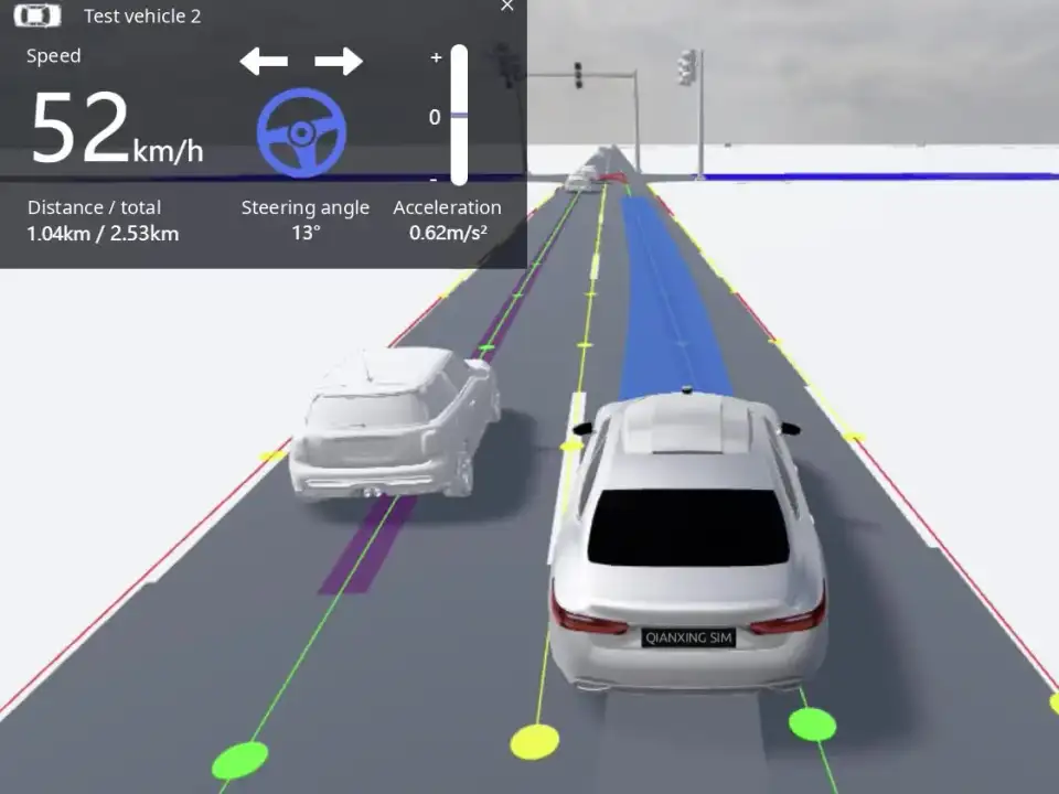Driving simulator: an autonomous test car overtakes another car along the path its model predictive controller planned, drawn in blue, with a dashboard of its speed, steering angle and acceleration.